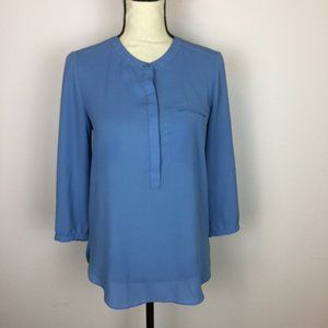 NYDJ Henley Blouse Top Size XS Womans Blue 3/4 Sleeve Semi Sheer Pleated Back